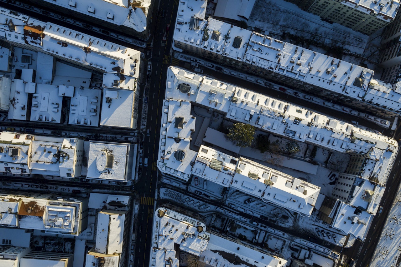 Aerial View Of Old City Roofs After Snow Geneva Switzerland