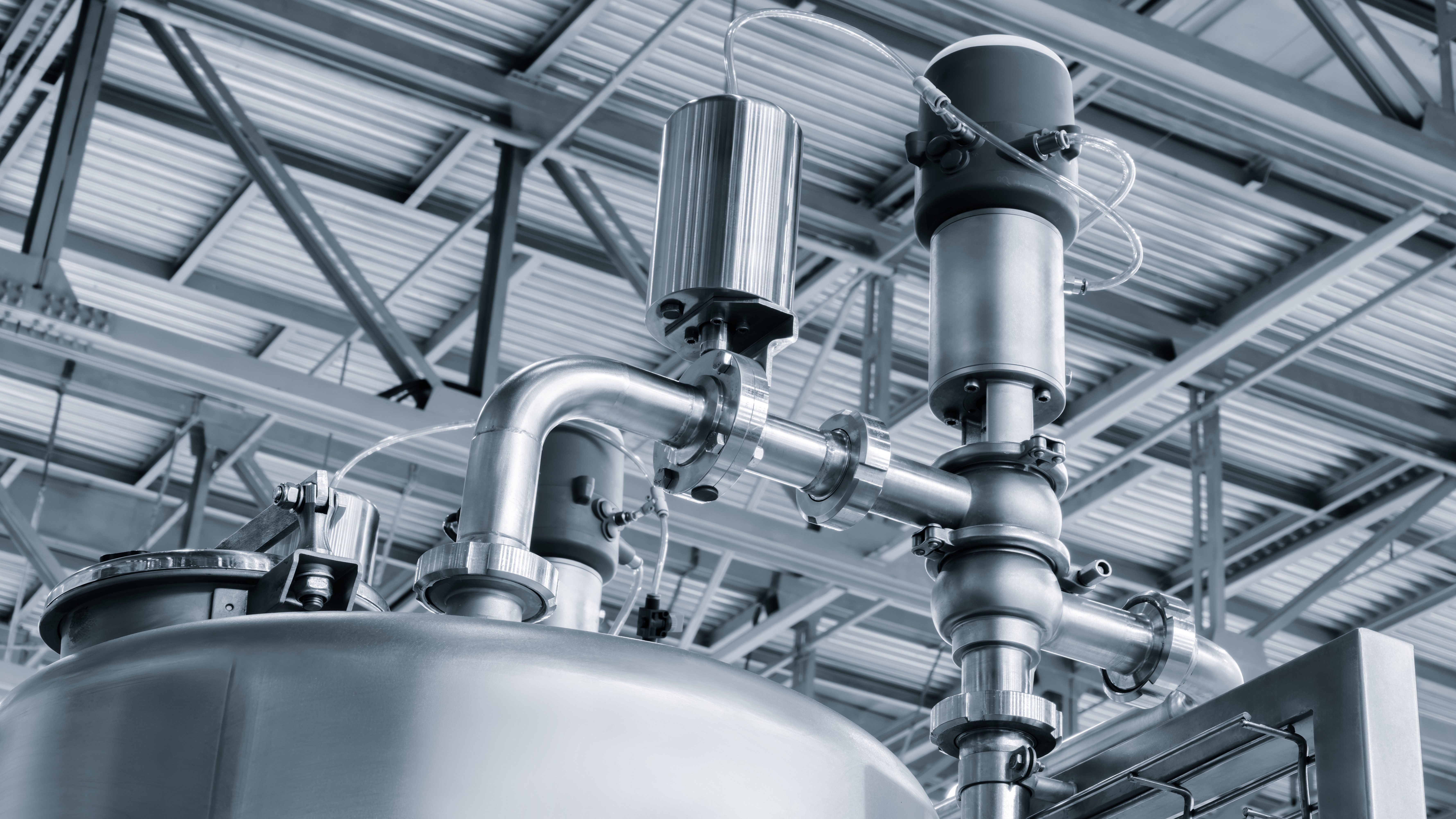 Stainless steel equipment for dairy food production, metal, rubber and plastic pipes, dairy plant