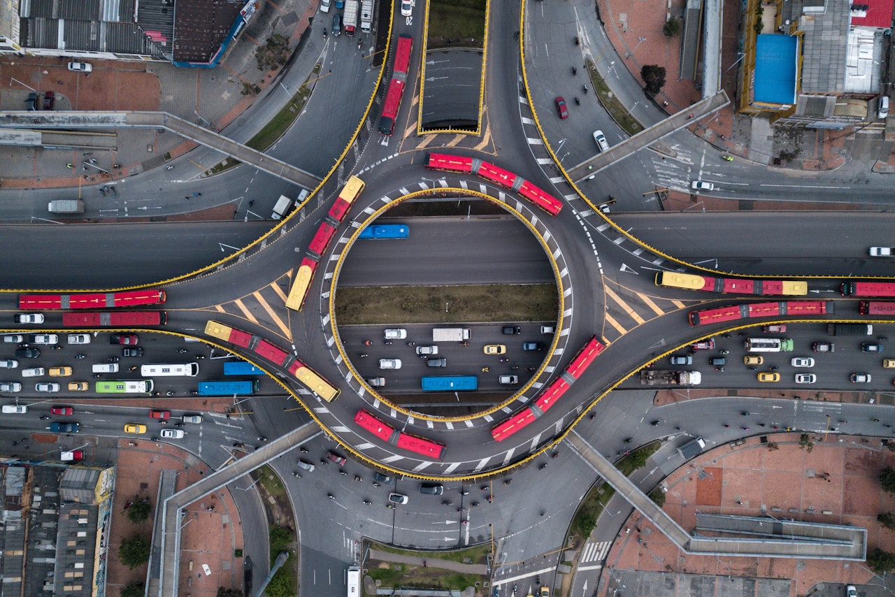 Stock Photo Aerial View Famous Roundabout Full Red Buses Bogota Colombia 2191479455