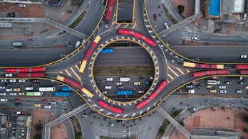 Stock Photo Aerial View Famous Roundabout Full Red Buses Bogota Colombia 2191479455