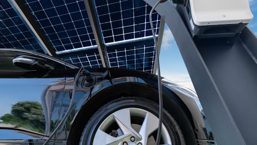 Gevo 2023 Report Cover An Electric Car Charging Under Solar Pannels