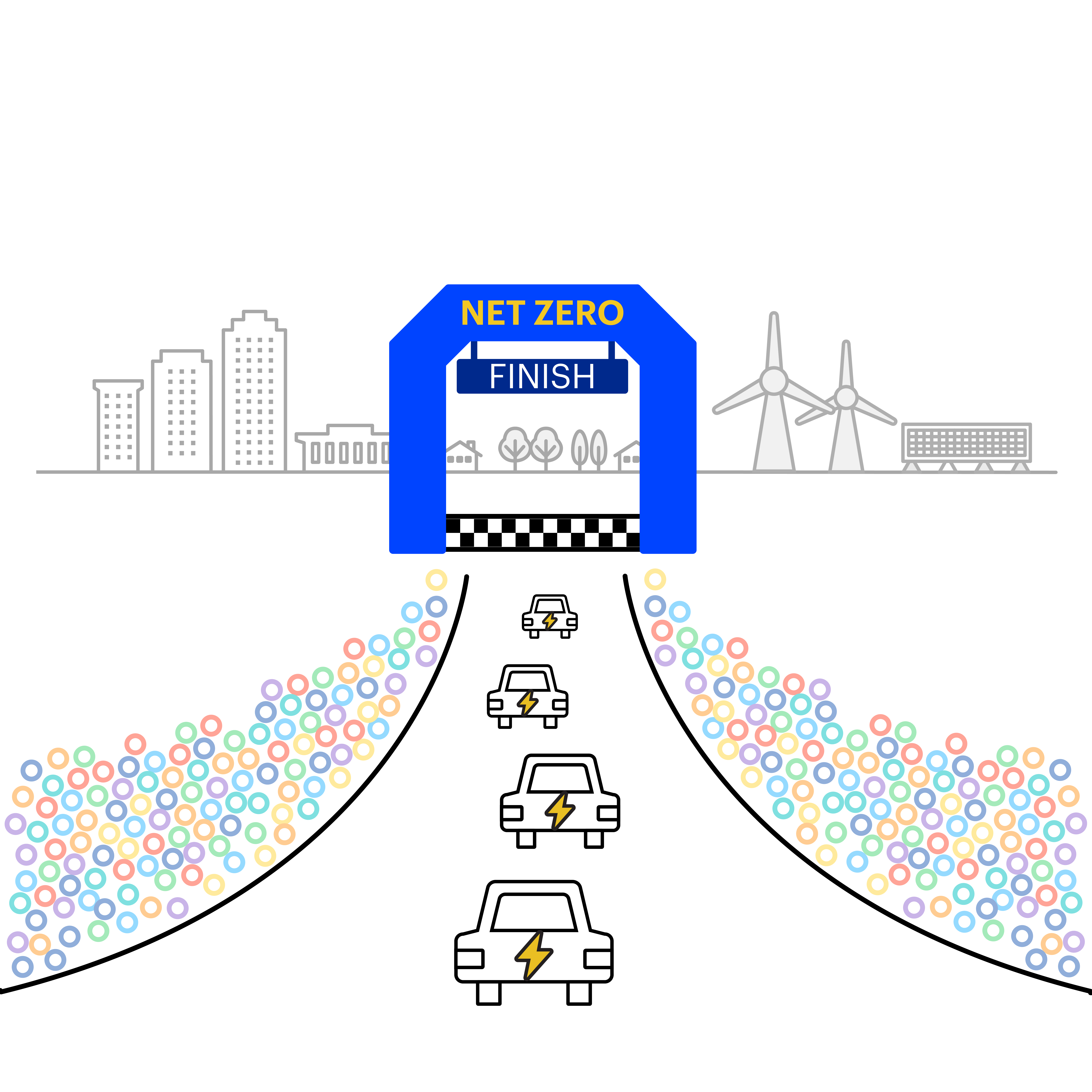 Carousel Earth Day showing an infographic drawing of electric cars in a race to the finish line labelled net zero finish