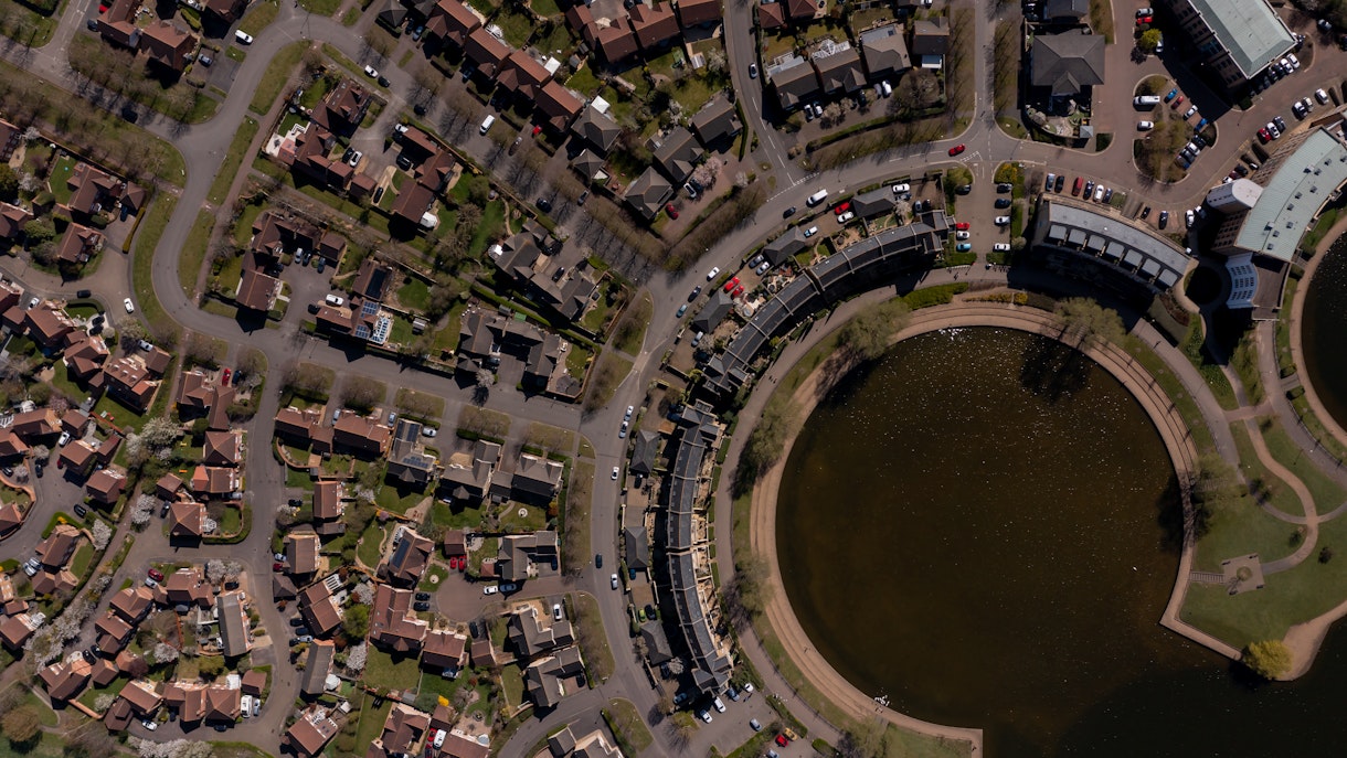 Aerial Photo Of Typical Housing Estate Caldecotte Lake In Milton Keynes Uk Shutterstock 1955725405