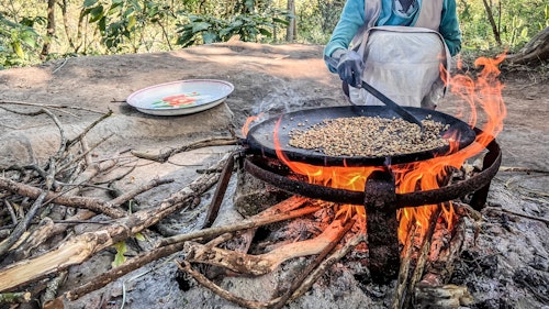 Photo depicts a woman cooking coffee to make traditional Buna - Yirga Alem, Ethiopia