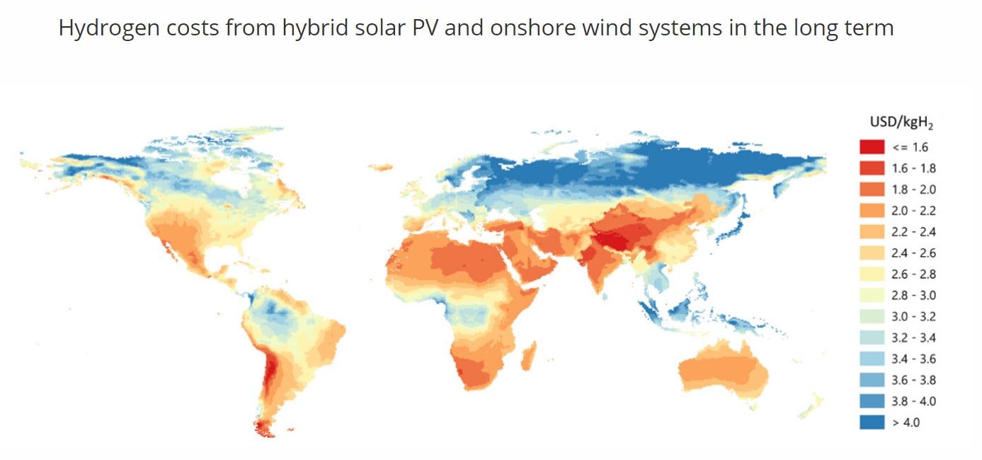 Long-term hydrogen costs of hybrid solar PV and onshore wind systems