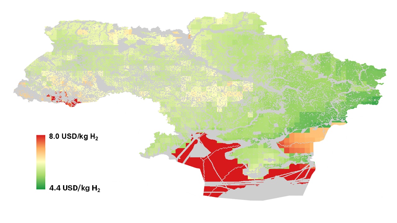 Map - Figure 2.6 Levelised cost of hydrogen for Ukraine based on hybrid onshore wind-solar PV configurations, 2035