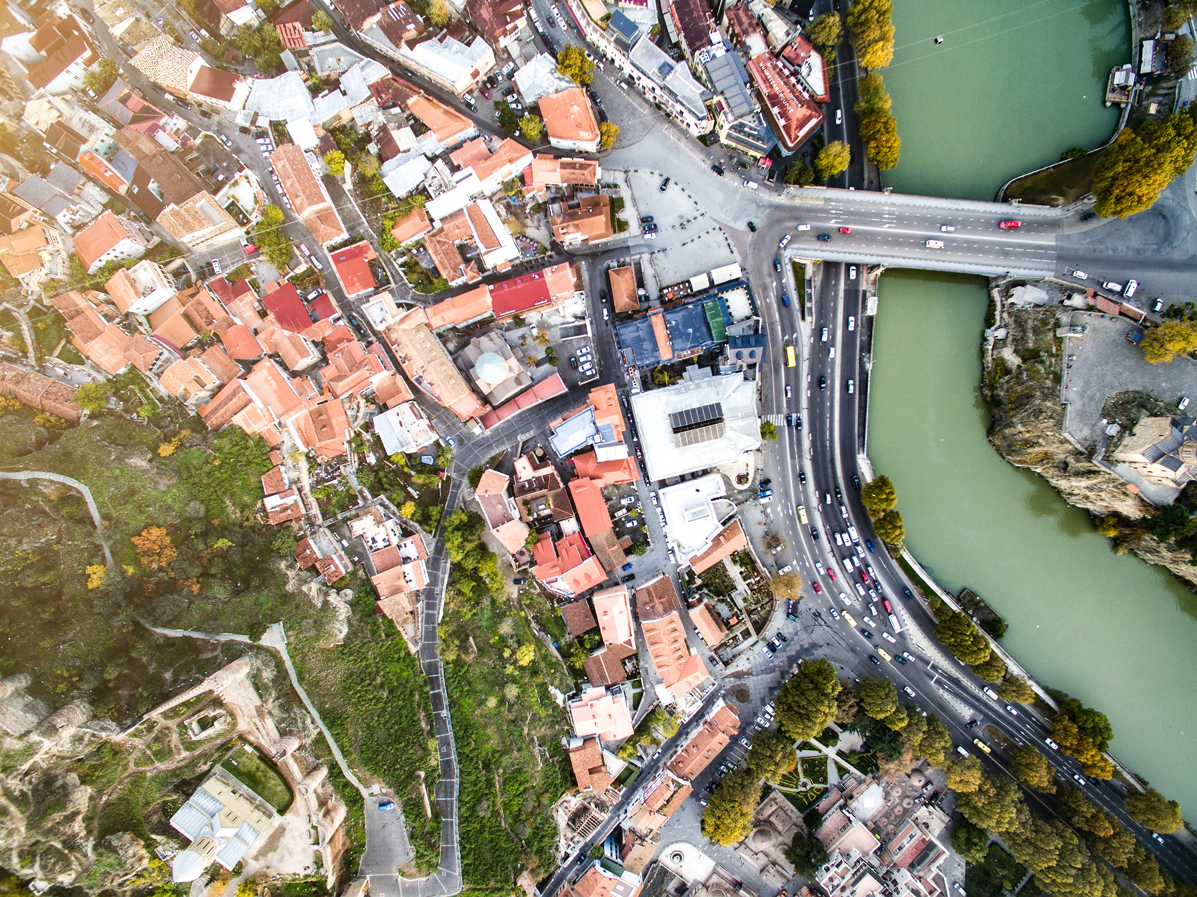 Photo depicts the breathtaking city centre of Tbilisi, Georgia, aerial shot