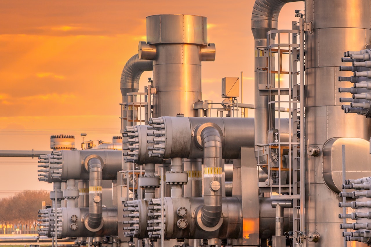 Photo depicts Oil and gas processing plant in the Groningen Gas Field area with pipe line valves. This is one of the few natural gas fields in Europe.