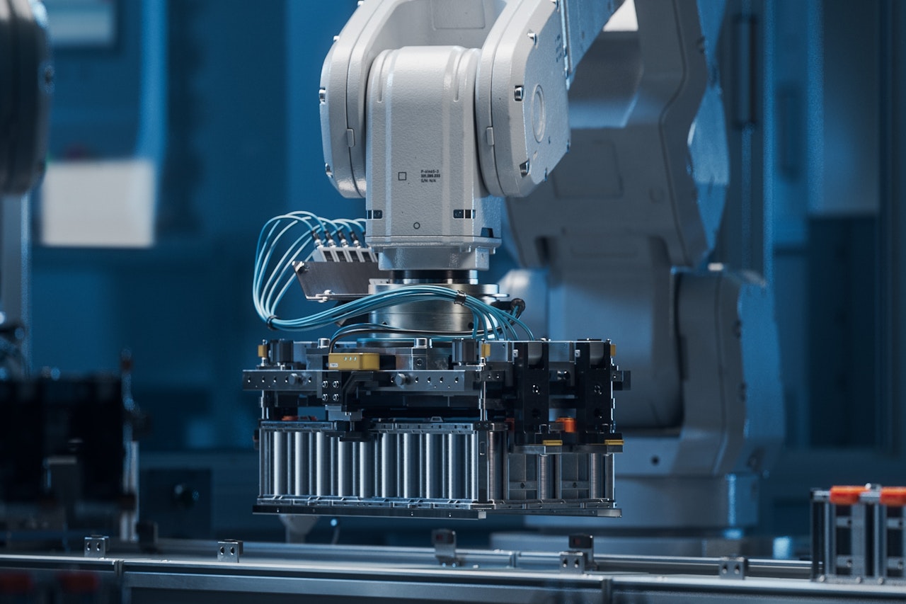 Photo depicts a Modern EV Factory. On Automated Production Line Robot Arms Transporting Automotive Battery Modules onto Conveyor Belt. Electric Car Battery Pack Manufacturing Process.
