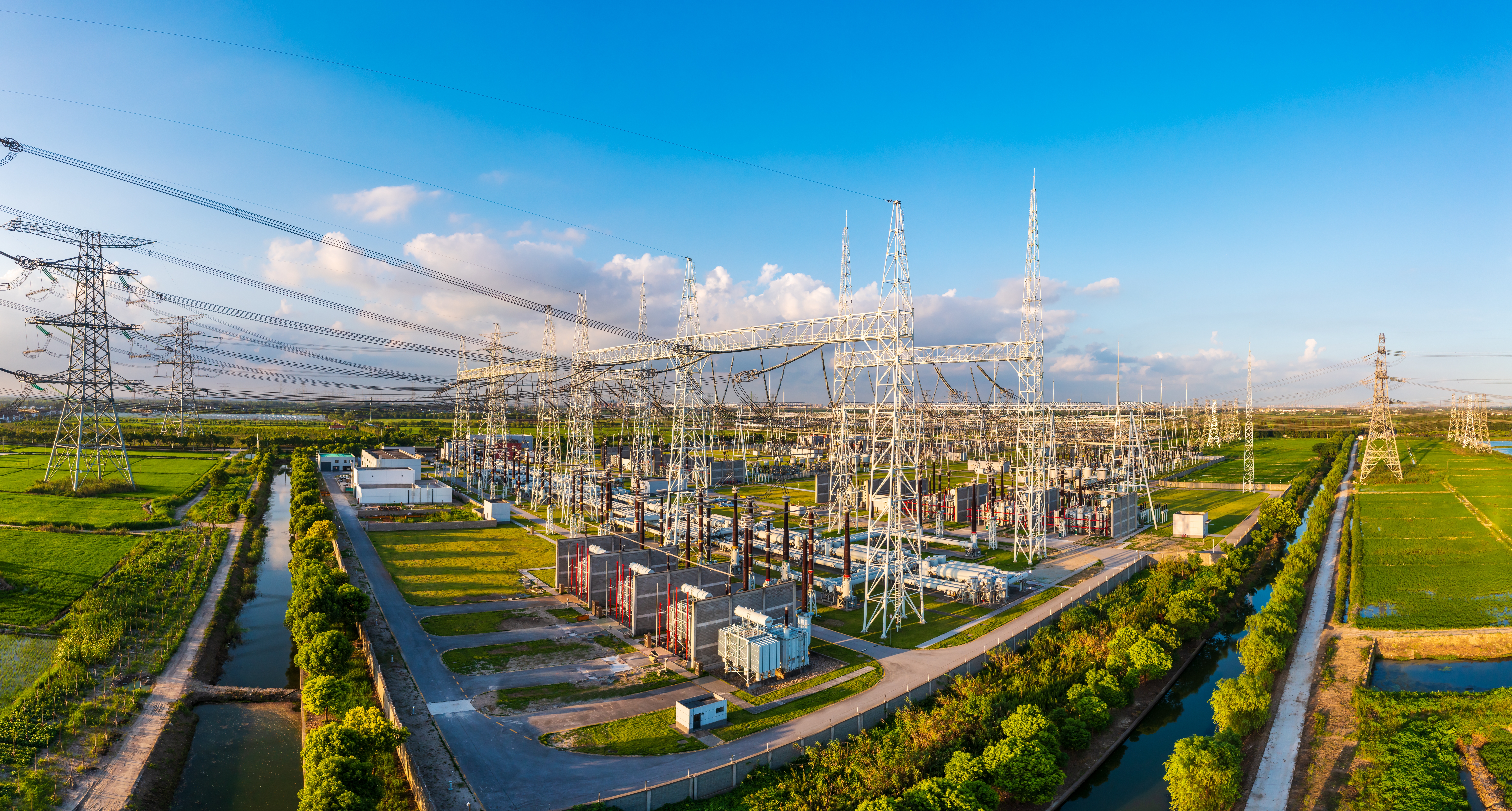 Aerial view of a high-voltage substation