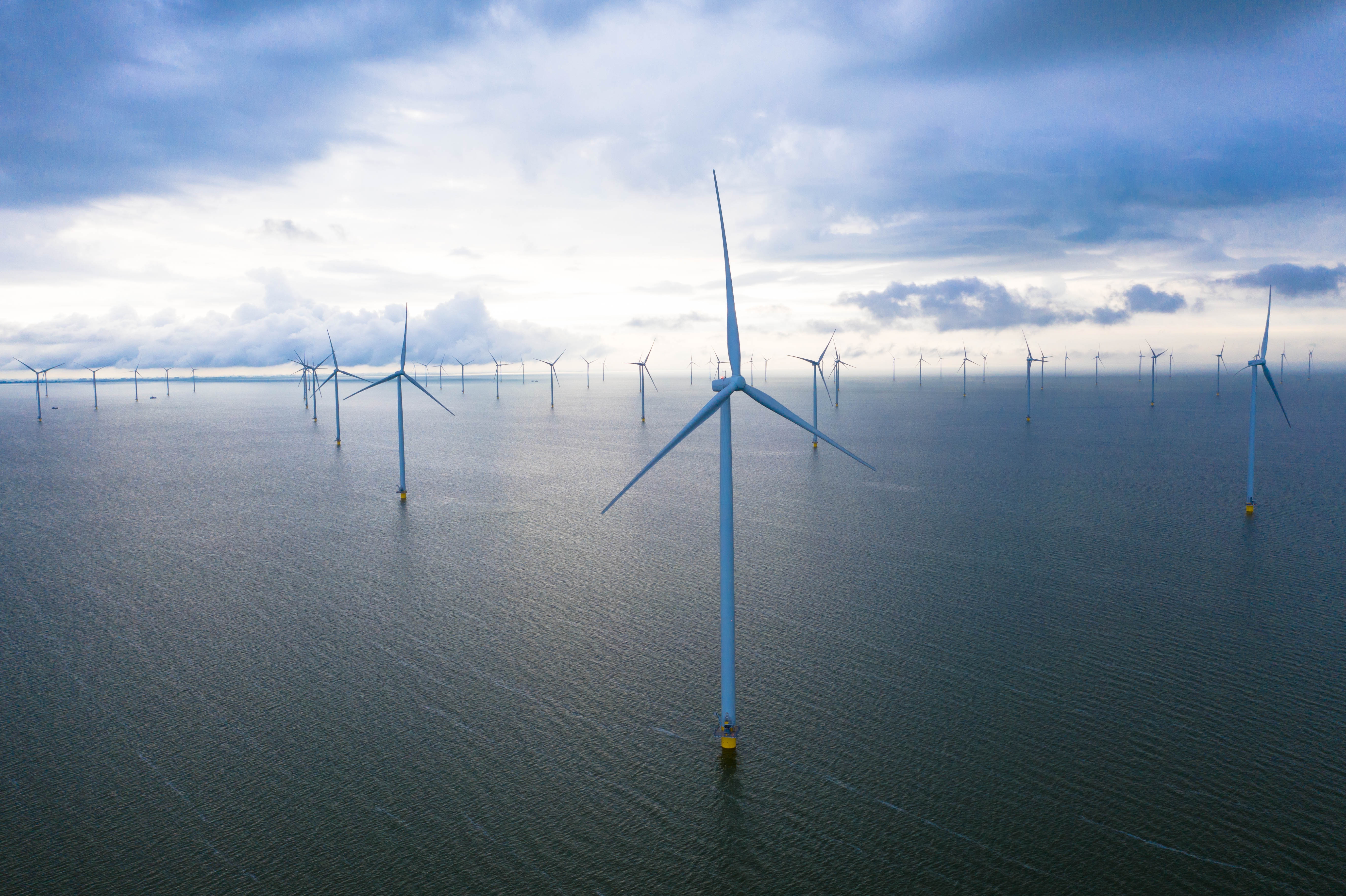 Photo shows a wind turbine in the forefront of the photo, with more turbines in the distance, all are in water