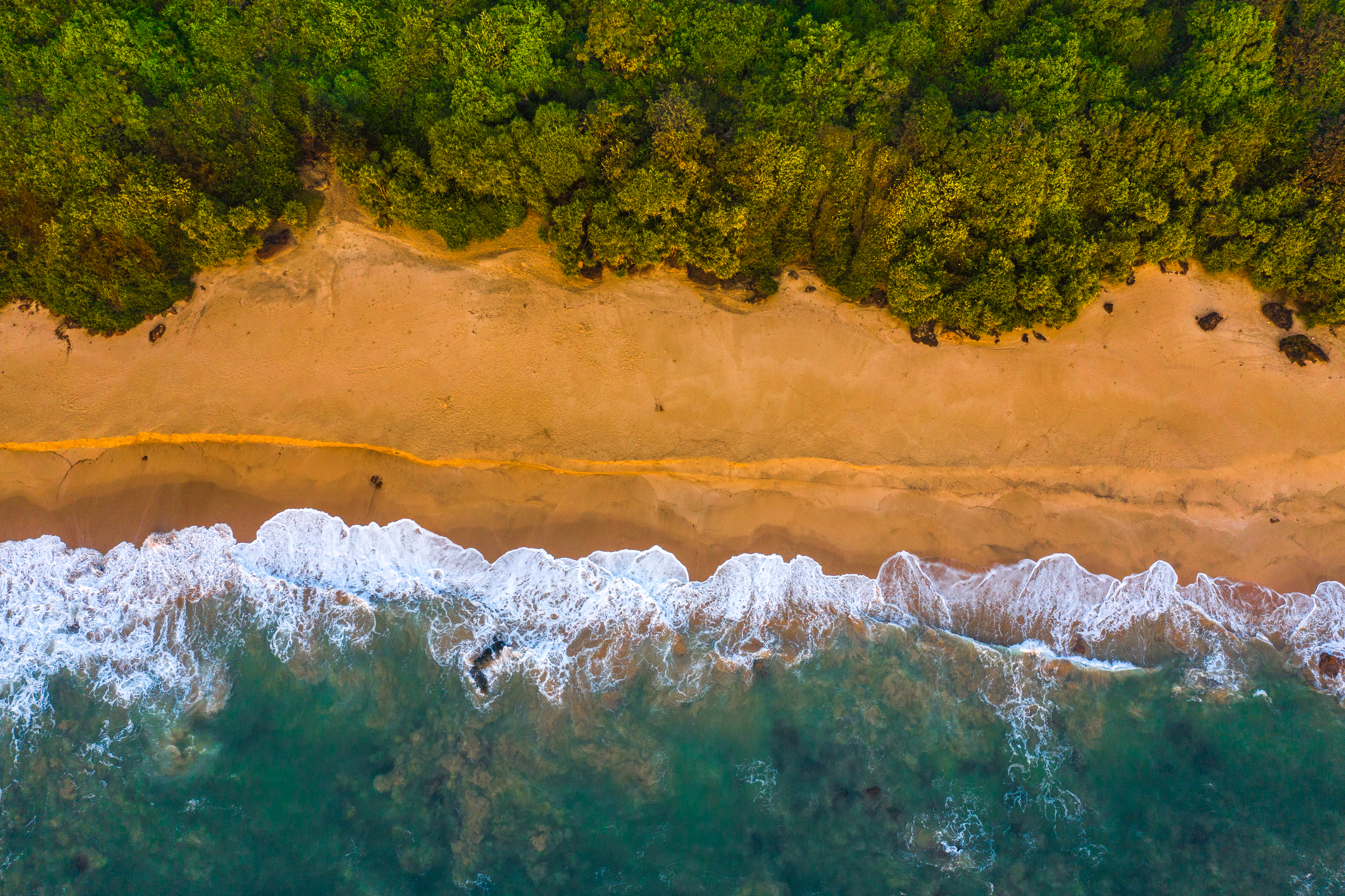 Photo shows an aerial view of a yellow beach with clear blue waves crashing on it the forest is in the backgorund. the photo is in Goa india