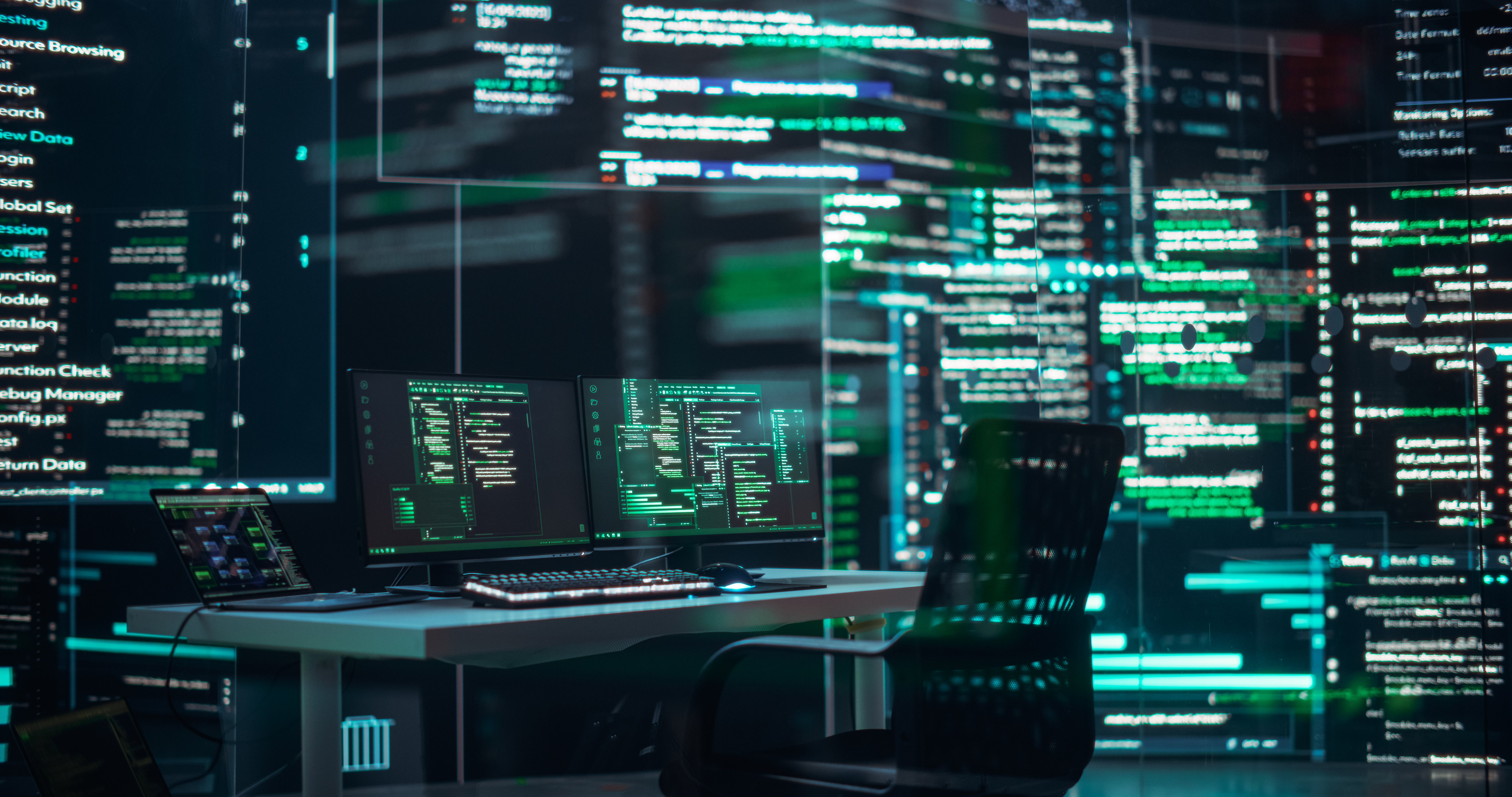 photo depicts  Monitoring Control Room, With Laptop Computer Surrounded by Big Screens Displaying Lines of Programming Language Code. Autonomous AI Computer Coding a Software