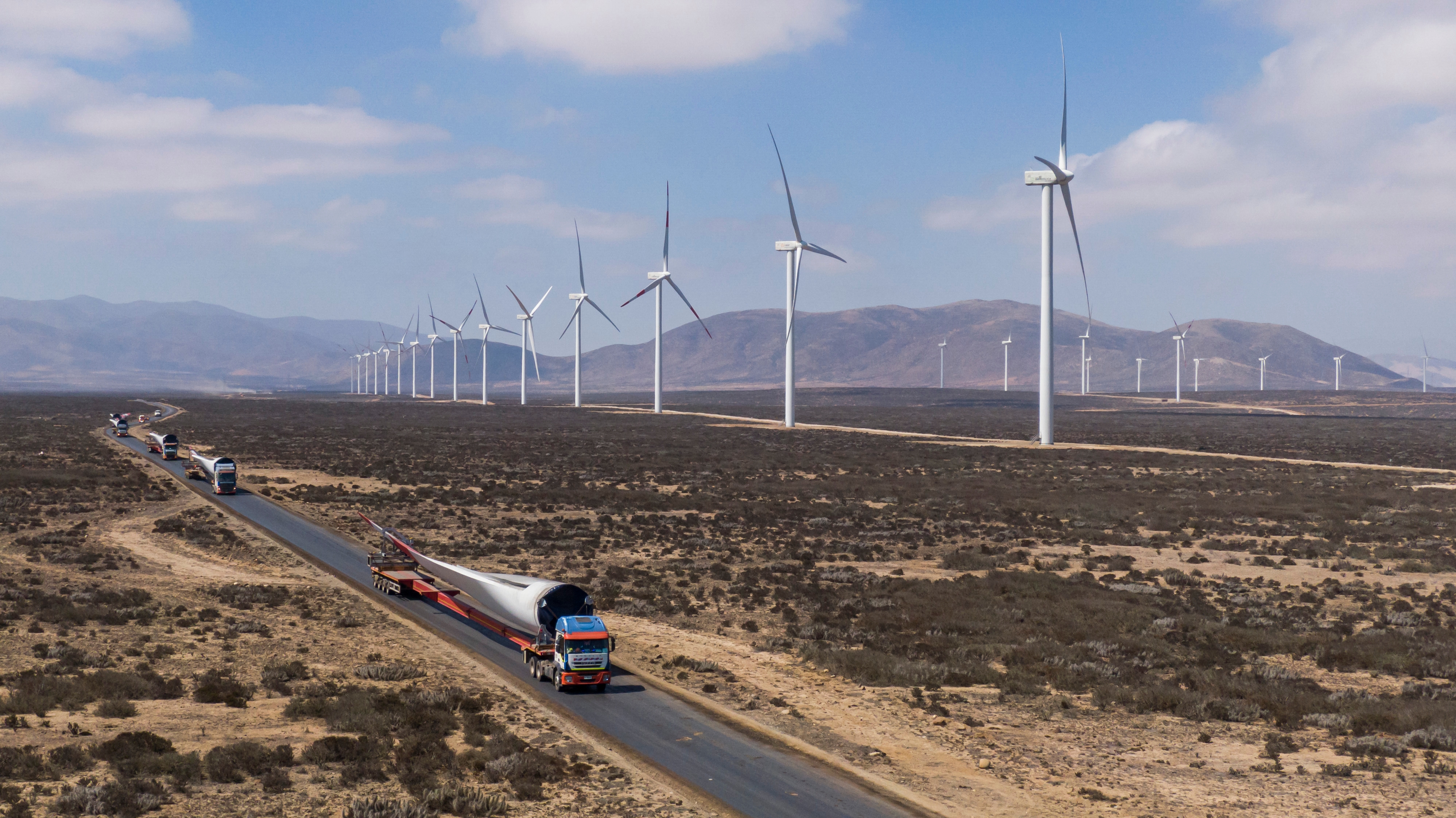 Photo depicts Photographs of the construction of the Cabo Leones III wind farm in the Atacama Desert, Chile.