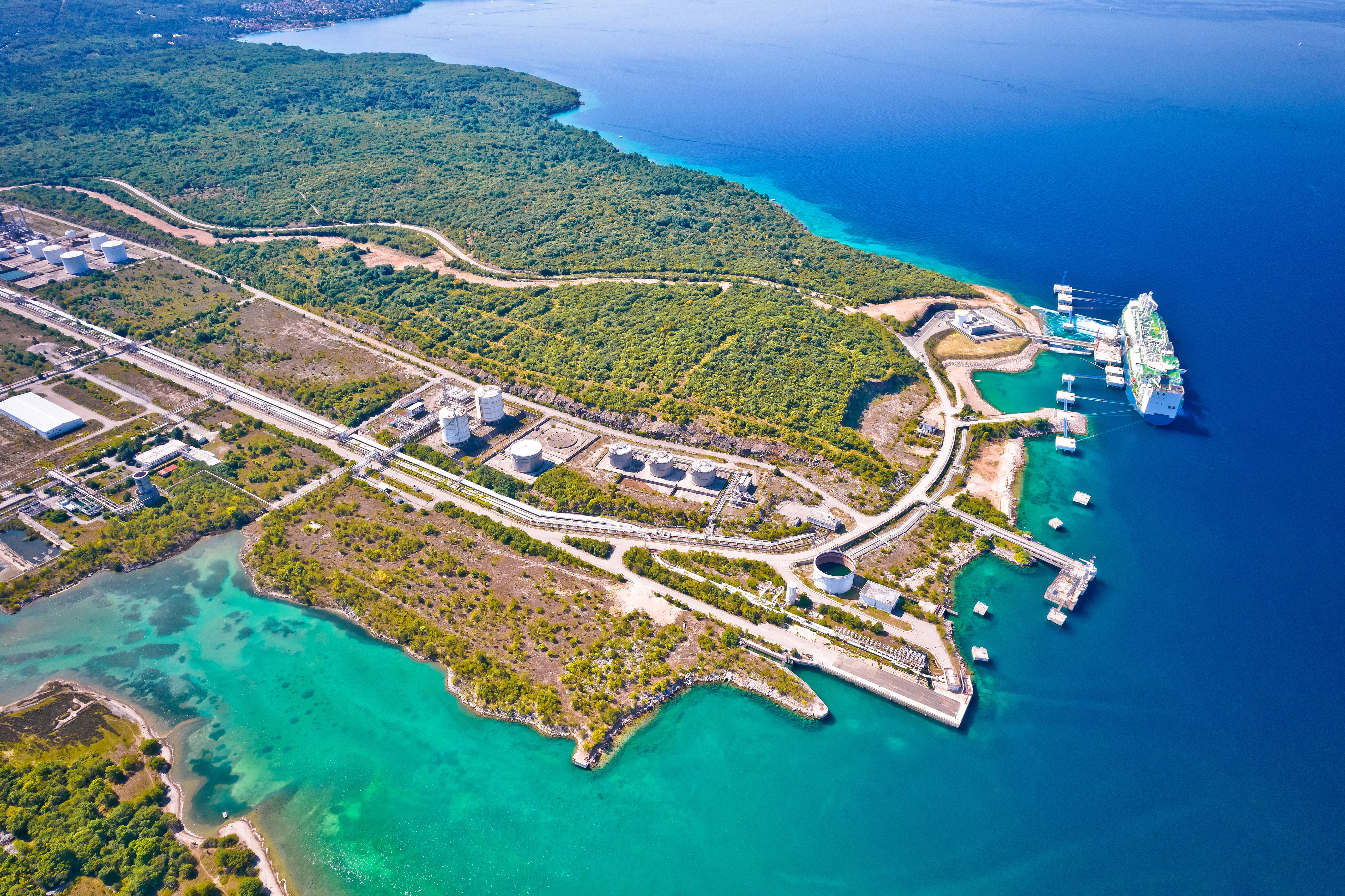 Aerial view of the LNG terminal on the island of Krk, energy port in Croatia.   Shutterstock 2035741769