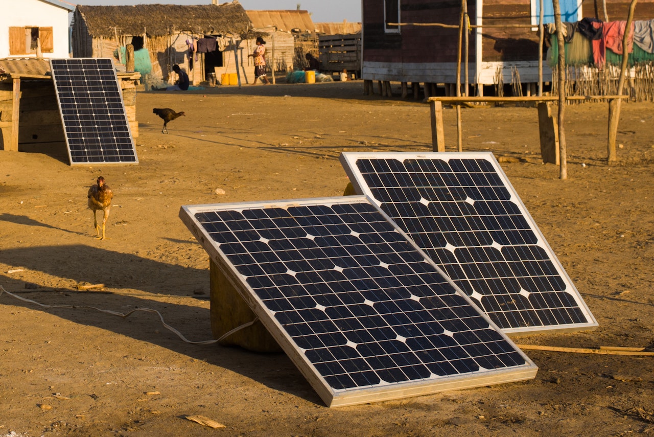 Photo depicts a solar panel in a village in Madagascar
