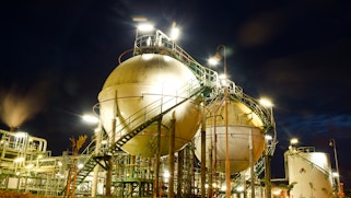 Two sphere gas storage in petrochemical plant at night