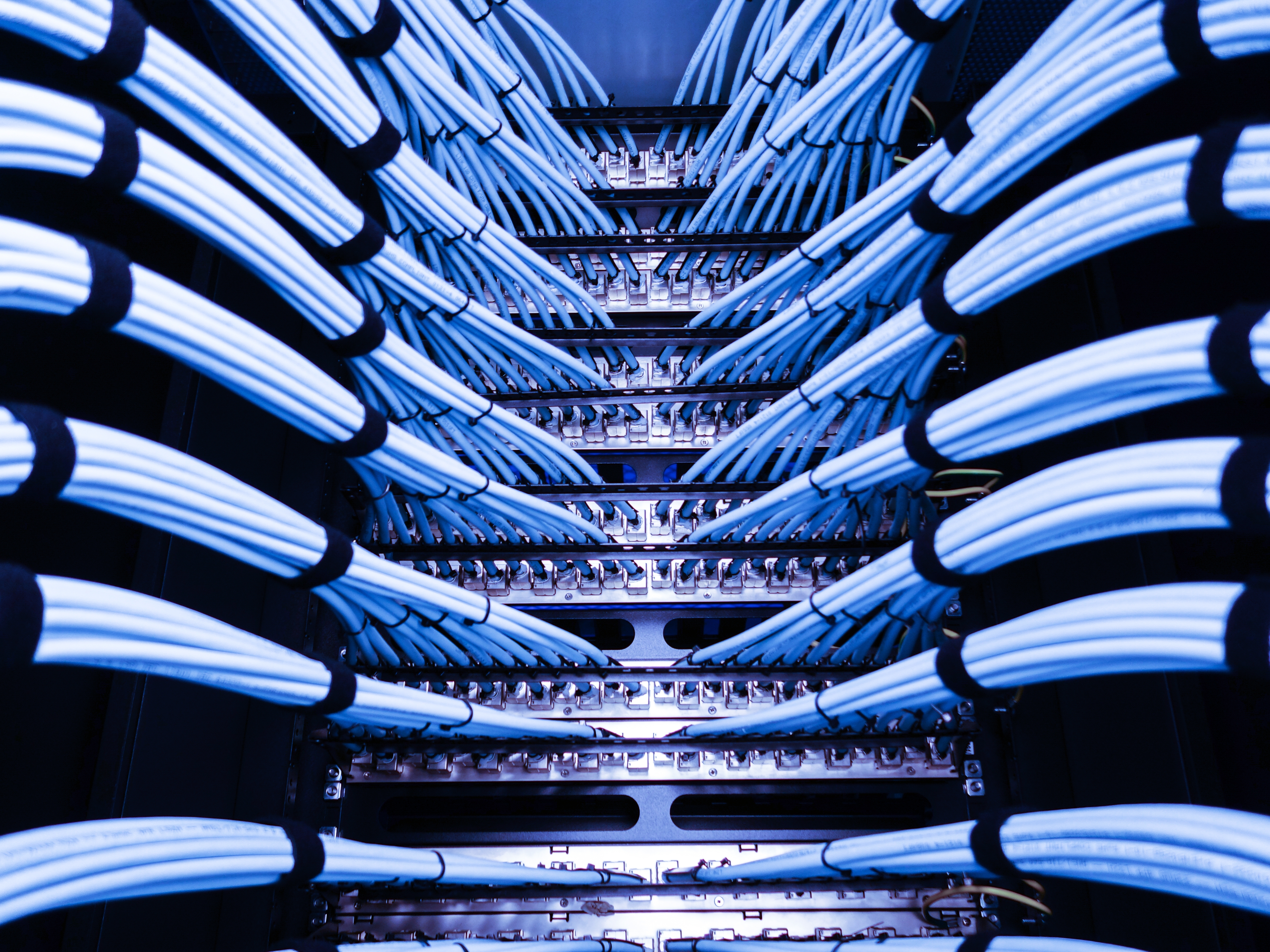 Photo depicting a close-up view of network cables organised within a server rack
