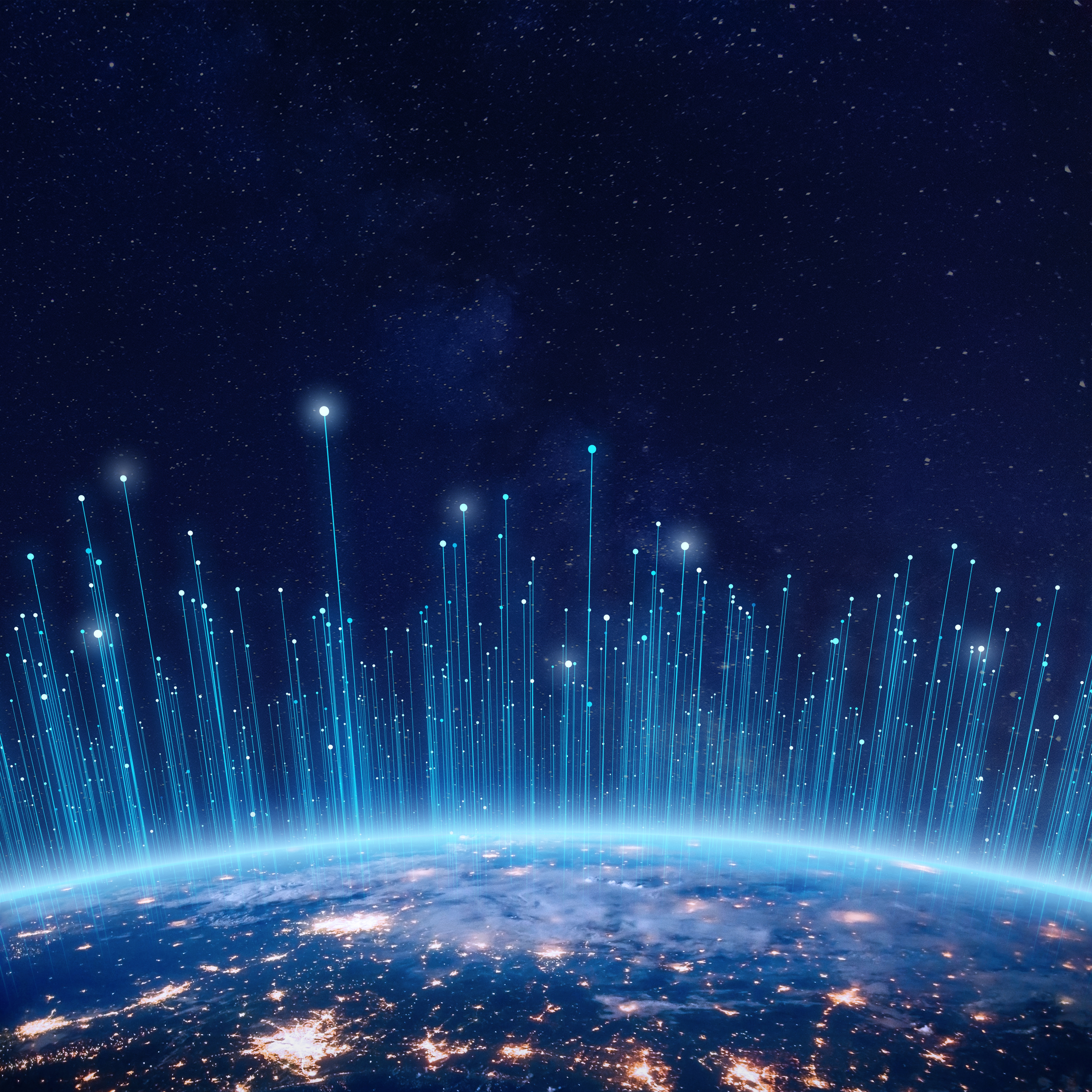 Photo depicts Communication technology with connections around the Earth as seen from space. Internet, IoT, cyberspace, global commerce, innovation, massive data science, digital finance, blockchain.