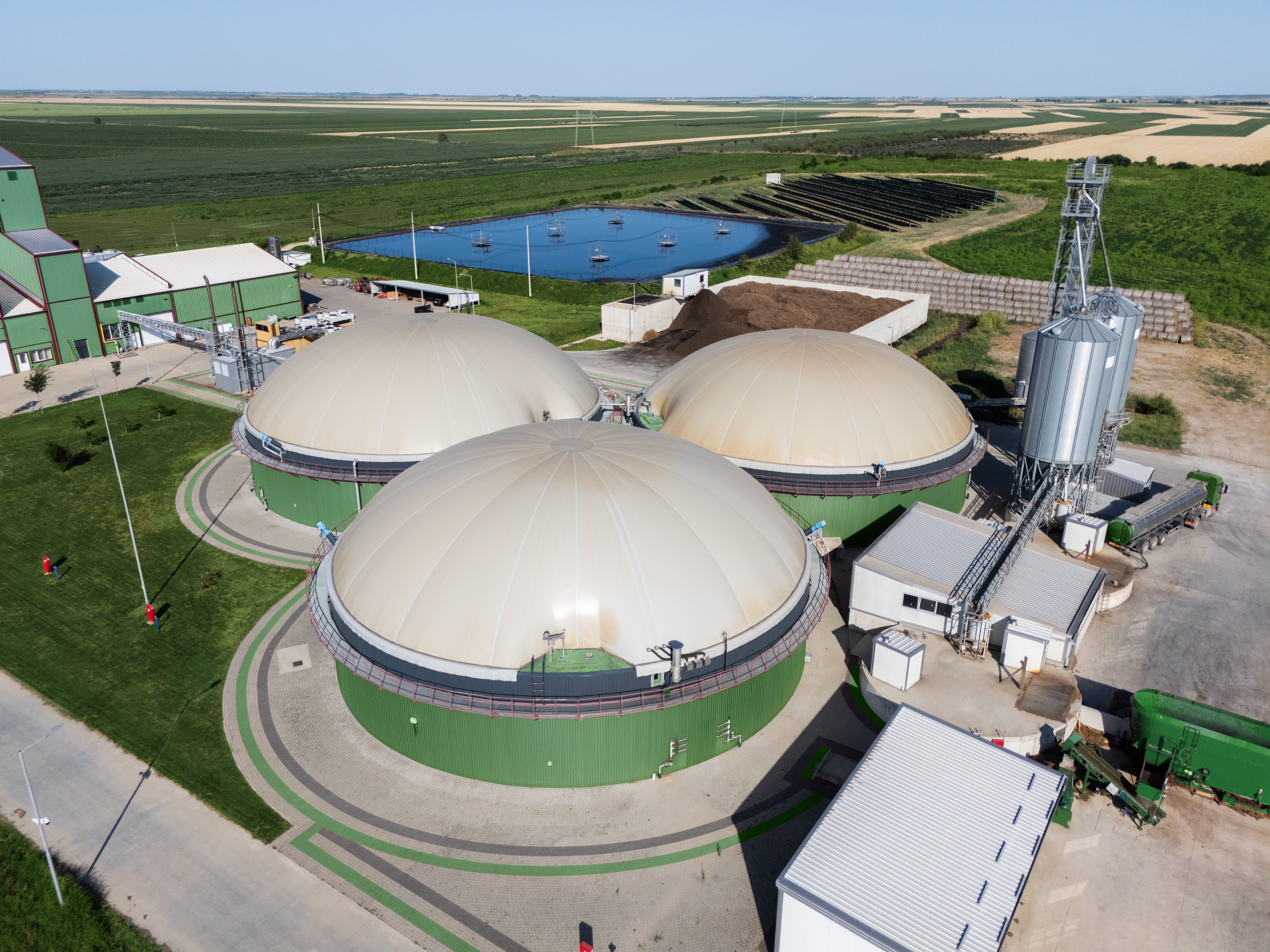 Photo depicts an Aerial view of a biogas plant for the production of biomethane