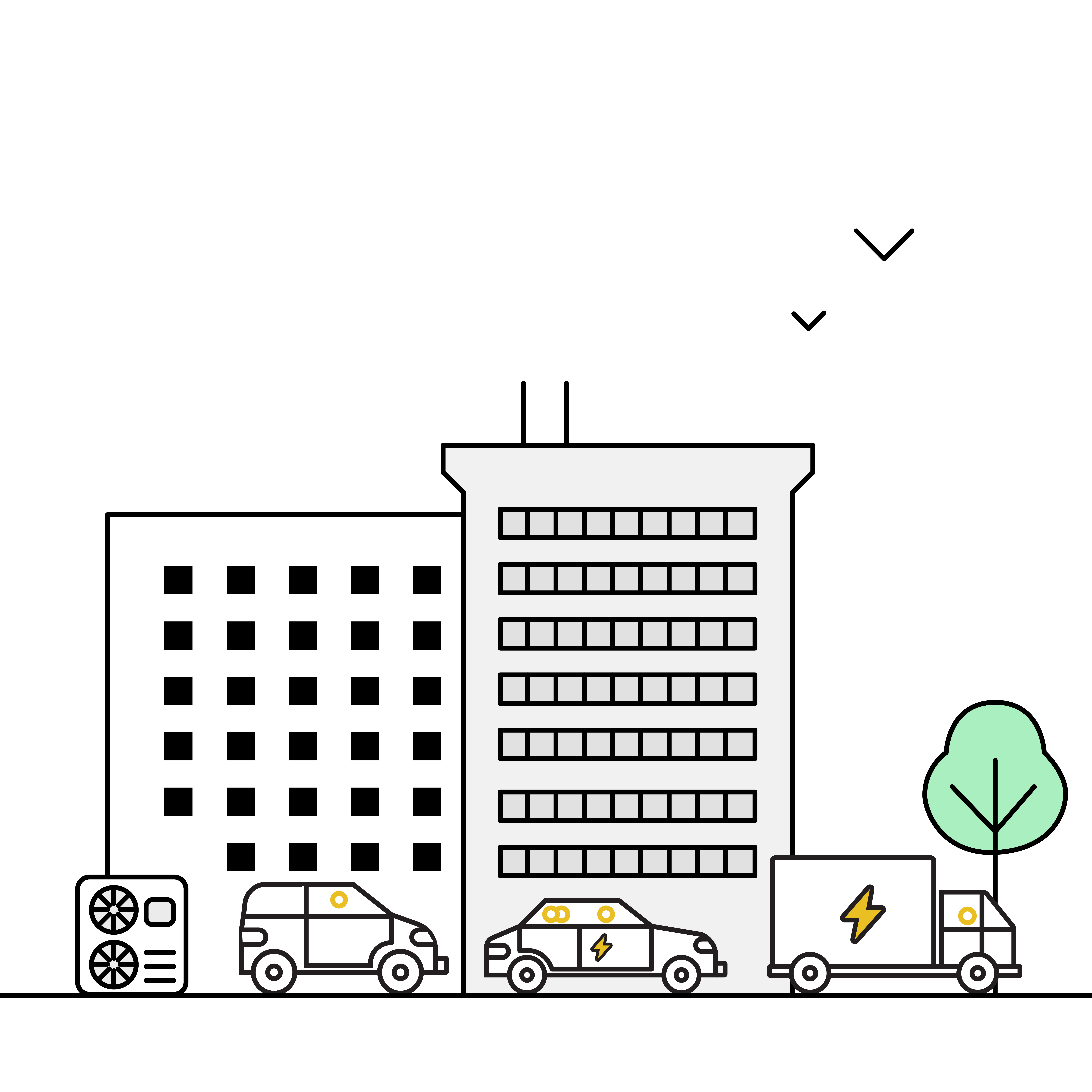 Carousel Earth Day drawn infographic showing a couple of buildings with heat pups and electric cars