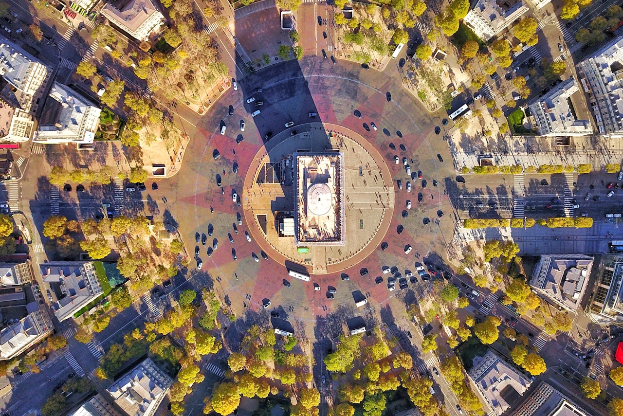 Aerial view of the Arc de Triomphe in Paris, France